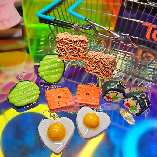 miniature food accessories bold unique quality campy dangle earrings sushi ramen pickles cheeze its eggs